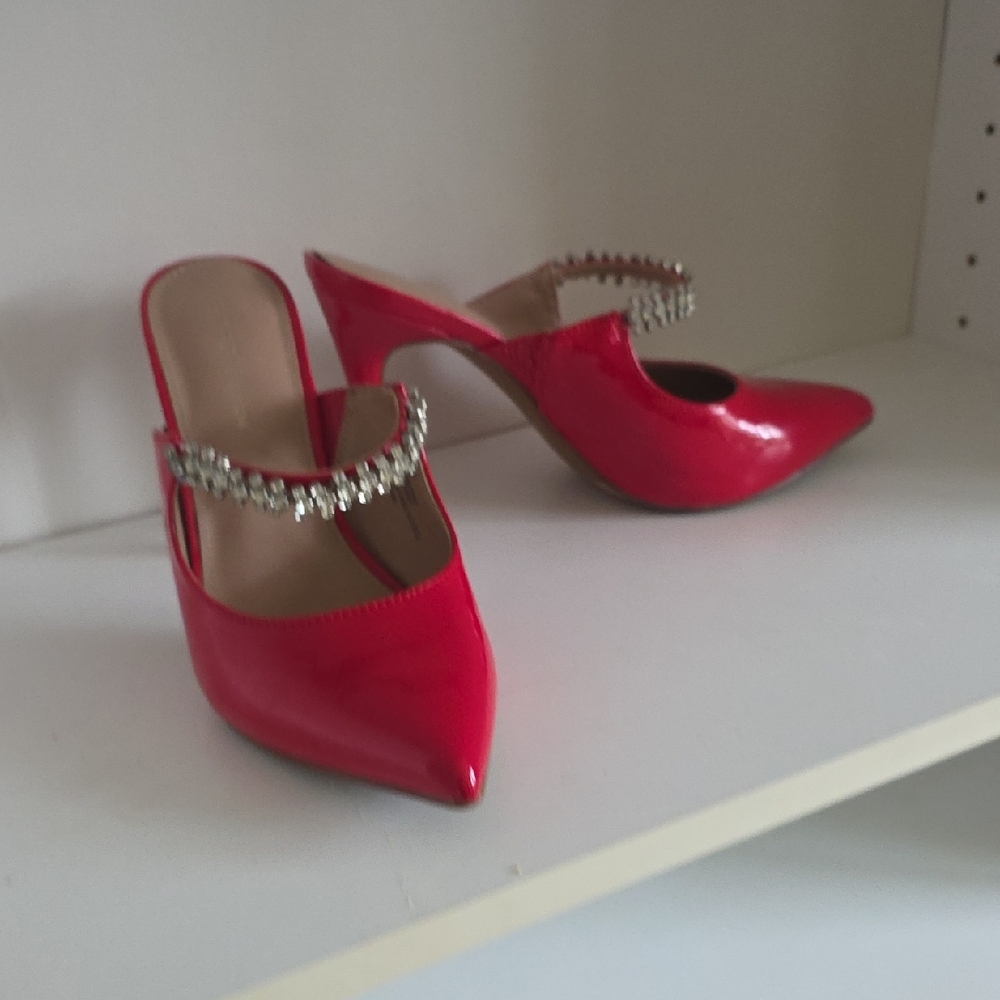 BCBGeneration Red Patent Pointed Mule with Crystal Accent